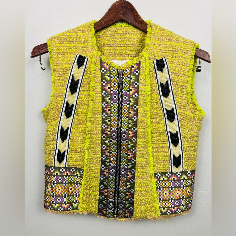 MSGM Fluorescent Yellow Tweed Beaded Vest – Embellished Designer Zip-Front - S